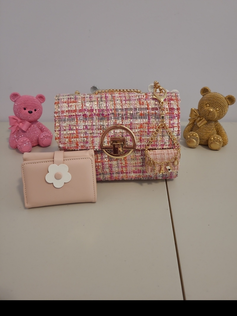 Pink Tweed Chain Shoulder Bag with Gold Hardware